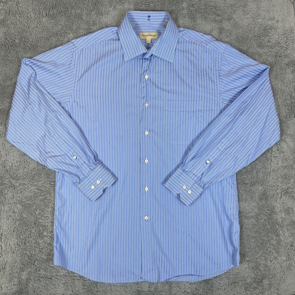 Tommy Bahama Mens Blue White Striped Cotton Long Sleeve Button Down Shirt 16/34